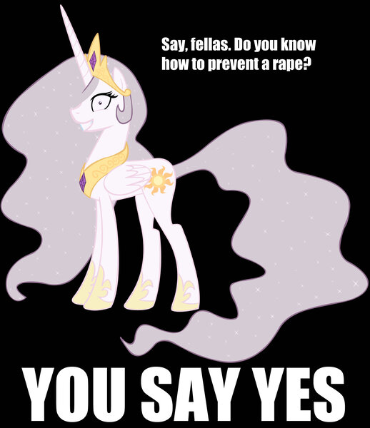 Size: 2200x2547 | Tagged: black background, derpibooru import, down with molestia, drama, grin, image macro, looking at you, princess celestia, princess molestia, questionable, rape, semi-grimdark, simple background, smiling, solo, text, vector, wide eyes, yes