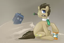 Size: 900x600 | Tagged: safe, artist:keyfeathers, derpibooru import, doctor whooves, time turner, earth pony, pony, crossover, hourglass, mouth hold, necktie, sand, solo, sonic screwdriver, tardis