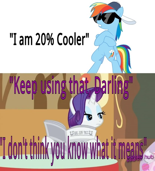 Size: 1000x1103 | Tagged: safe, derpibooru import, rainbow dash, rarity, pegasus, pony, unicorn, 20% cooler, darling, female, foal free press, hub logo, hubble, mare, newspaper, sunglasses, swagfags, text, the hub, you keep using that word