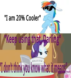 Size: 1000x1103 | Tagged: safe, derpibooru import, rainbow dash, rarity, pegasus, pony, unicorn, 20% cooler, darling, female, foal free press, hub logo, hubble, mare, newspaper, sunglasses, swagfags, text, the hub, you keep using that word