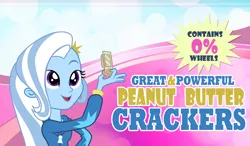 Size: 900x527 | Tagged: safe, artist:pixelkitties, derpibooru import, trixie, equestria girls, food, peanut butter, peanut butter crackers, solo, that human sure does love peanut butter crackers, wat, wheel, wheels trixie