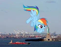 Size: 999x768 | Tagged: safe, derpibooru import, rainbow dash, pegasus, pony, female, flying, giant pony, giant rainbow dash, giantess, highrise ponies, irl, macro, mare, mega/giant rainbow dash, new york city, photo, ponies in real life, ship, solo, statue of liberty