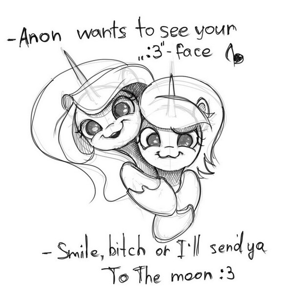 Size: 736x749 | Tagged: :3, artist:phoreen, derpibooru import, filly, grayscale, monochrome, princess celestia, princess luna, safe, smiling, vulgar, younger