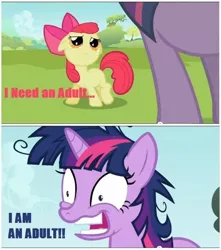 Size: 636x720 | Tagged: safe, derpibooru import, edit, edited screencap, screencap, apple bloom, twilight sparkle, earth pony, pony, unicorn, lesson zero, caption, dragonball z abridged, female, filly, i am an adult, i need an adult, mare, parody, team four star, twilight is a foal fiddler, twilight snapple