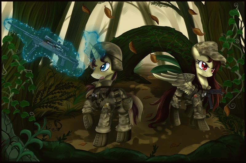 Size: 4637x3078 | Tagged: safe, artist:pridark, derpibooru import, oc, unofficial characters only, pegasus, pony, unicorn, army, assault rifle, clothes, female, glowing horn, gun, hooves, horn, levitation, m14, m14 ebr, magic, male, mare, marines, military, optical sight, photoshop, rifle, sniper rifle, soldier, spread wings, stallion, submachinegun, telekinesis, tree, ump45, uniform, usmc, weapon, wings