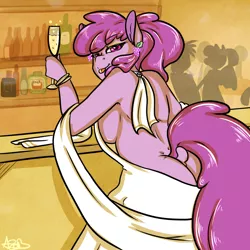 Size: 1000x1000 | Tagged: suggestive, artist:arnachy, derpibooru import, berry punch, berryshine, anthro, :p, alcohol, ass, bar, bedroom eyes, breasts, buttcrack, clothes, dionysus, dock, dress, earring, female, looking at you, looking back, sideboob, smiling, solo, solo female, toga, tongue out