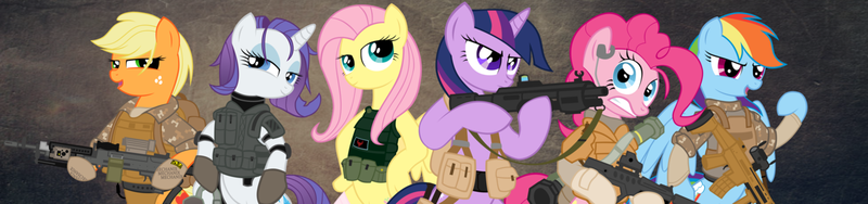 Size: 1280x300 | Tagged: acr, applejack, artist:shadawg, assault rifle, bulletproof vest, clothes, derpibooru import, fluttershy, gun, m240, machine gun, military, operative, operator, pinkie pie, rainbow dash, rarity, rifle, safe, scar, shotgun, tar-21, tavor, twilight sparkle