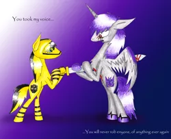 Size: 992x805 | Tagged: artist:speedfeather, bumblebee, derpibooru import, grimdark, megatron, ponified, spoiler from another series, transformers, transformers prime