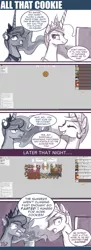 Size: 600x1645 | Tagged: safe, artist:johnjoseco, derpibooru import, princess cadance, princess celestia, princess luna, alicorn, pony, ask princess molestia, gamer luna, princess molestia, comic, cookie, cookie clicker, game, time machine, tumblr