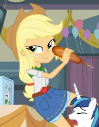 Size: 395x506 | Tagged: safe, derpibooru import, edit, applejack, shining armor, friendship is witchcraft, equestria girls, corndog, whining armor