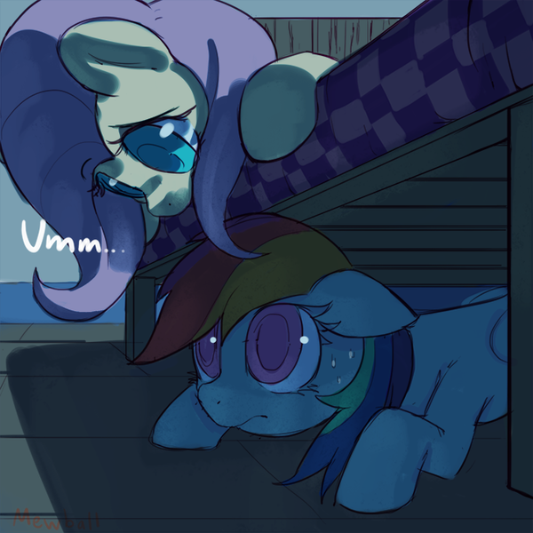Size: 675x675 | Tagged: safe, artist:mewball, derpibooru import, fluttershy, rainbow dash, pegasus, pony, bed, caught, dialogue, female, hiding, mare, scared, sweat