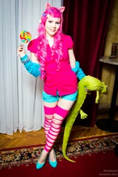 Size: 3456x5184 | Tagged: artist:shredguard, cosplay, derpibooru import, gummy, human, irl, irl human, photo, pinkie pie, plushie, safe, solo