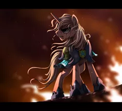 Size: 1042x950 | Tagged: semi-grimdark, artist:ruhje, derpibooru import, oc, unofficial characters only, pony, unicorn, blood, fire, royal guard, solo