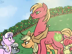 Size: 1024x768 | Tagged: dead source, safe, artist:theantsden, derpibooru import, apple bloom, applejack, big macintosh, diamond tiara, silver spoon, earth pony, pony, angry, apple siblings, big brother, big brother instinct, big sister instinct, bullying, crying, glasses, impossibly long neck, male, nope.avi, protecting, stallion