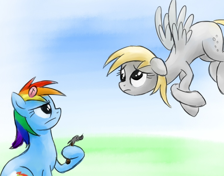 Size: 4200x3300 | Tagged: safe, artist:verulence, derpibooru import, derpy hooves, rainbow dash, pegasus, pony, female, hammer, head lump, mare