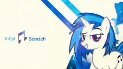 Size: 1920x1080 | Tagged: safe, artist:aztecsoul, artist:flamelauncher14, artist:moongazeponies, derpibooru import, vinyl scratch, pony, unicorn, abstract background, cutie mark, female, horn, mare, smiling, solo, teeth, text, vector, wallpaper