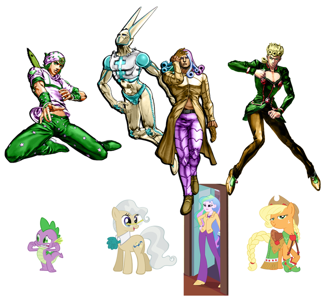 Size: 1196x1100 | Tagged: safe, derpibooru import, applejack, mayor mare, princess celestia, spike, equestria girls, cutie mark accessory, d4c, dirty deeds done dirt cheap, funny valentine, giorno giovanna, johnny joestar, jojo's bizarre adventure, principal celestia, recolor, stand