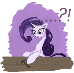 Size: 310x307 | Tagged: safe, artist:zolombo, derpibooru import, rarity, pony, unicorn, ..., exclamation point, female, frown, hammer, interrobang, leaning, mare, nail, open mouth, poking, question mark, simple background, solo, surprised, table, transparent background, wide eyes