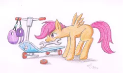 Size: 1600x947 | Tagged: artist:benjik, derpibooru import, safe, scootaloo, scooter, solo, traditional art