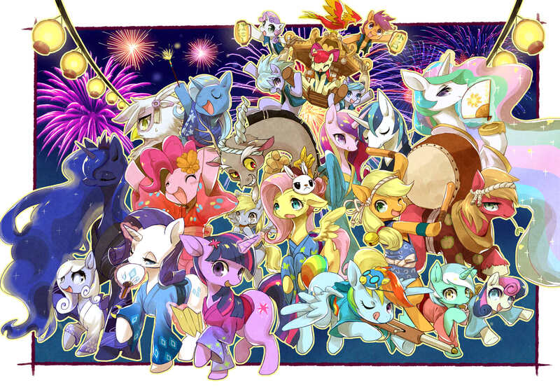 Size: 1554x1087 | Tagged: safe, artist:yoona, derpibooru import, angel bunny, apple bloom, applejack, big macintosh, bon bon, cloudchaser, derpy hooves, discord, flitter, fluttershy, gilda, lyra heartstrings, philomena, pinkie pie, princess cadance, princess celestia, princess luna, rainbow dash, rarity, scootaloo, shining armor, spitfire, sweetie belle, sweetie drops, trixie, twilight sparkle, oc, oc:snowdrop, alicorn, draconequus, dragon, earth pony, gryphon, pegasus, pony, unicorn, action poster, clothes, cutie mark crusaders, detailed, drums, everypony, fan, female, festival, filly, fireworks, flower, flower in hair, japan, japanese, kimono (clothing), lantern, levitation, magic, male, mare, mask, paper lantern, pixiv, stallion, telekinesis, toy gun, wall of tags, yukata