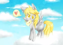 Size: 1024x740 | Tagged: safe, artist:lulu-fly, derpibooru import, derpy hooves, pegasus, pony, cloud, cloudy, female, heart, letter, mare, mouth hold, solo
