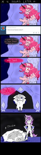 Size: 460x1732 | Tagged: artist:ichibangravity, ask king sombra pie, black eye, blood, comic, derpibooru import, king sombra, makel blanco, oc, pinkie pie, possessed, prosthetics, rae mix, semi-grimdark, tumblr