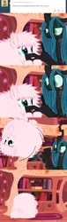 Size: 650x2125 | Tagged: suggestive, artist:mixermike622, derpibooru import, queen chrysalis, oc, oc:fluffle puff, tumblr:ask fluffle puff, ask, comic, faceplant, innuendo, judo flip, pony flip, tongue out