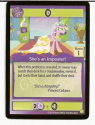 Size: 487x640 | Tagged: ccg, changeling, disguise, disguised changeling, enterplay, fake cadance, merchandise, mlp trading card game, princess cadance, queen chrysalis, safe