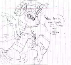 Size: 1638x1506 | Tagged: safe, artist:buttercupsaiyan, deleted from derpibooru, derpibooru import, flash sentry, alicorn, pony, dialogue, grayscale, lined paper, monochrome, prince flash sentry, race swap, solo, speech bubble, traditional art