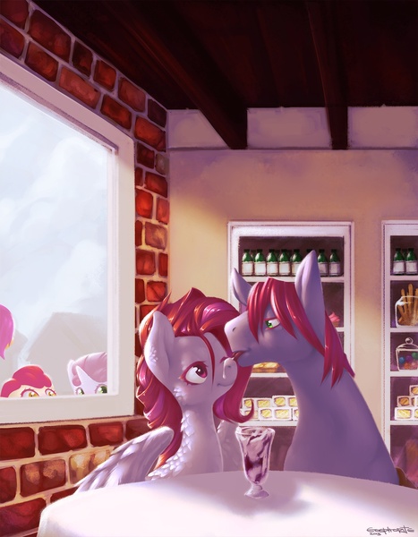 Size: 1120x1440 | Tagged: apple bloom, artist:eosphorite, cutie mark crusaders, derpibooru import, foodplay, interior, oc, oc:red valerian, oc:strawberry stream, safe, scootaloo, sweetie belle, table, voyeur, window