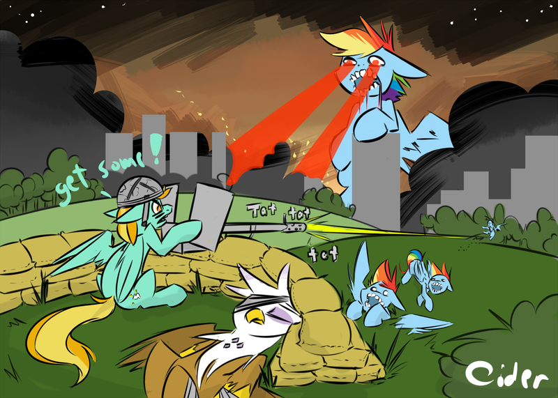 Size: 1400x1000 | Tagged: safe, artist:cider, derpibooru import, gilda, lightning dust, rainbow dash, gryphon, pegasus, pony, zombie, anime, dashstorm, eye beams, female, fight, giant pony, gildust, gun, hilarious in hindsight, image, macro, mare, multeity, parody, png