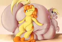 Size: 1200x817 | Tagged: suggestive, artist:sirmasterdufel, derpibooru import, carrot top, derpy hooves, golden harvest, pegasus, pony, aderpose, belly, big belly, bubble butt, butt crush, butt touch, chubby cheeks, fat, female, hoof on butt, huge butt, image, impossibly large butt, large butt, mare, morbidly obese, obese, plot, png, pushing, rump push, the ass was fat, wide hips