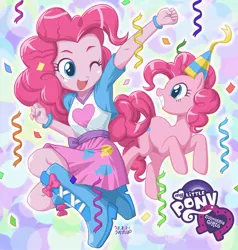 Size: 750x789 | Tagged: safe, artist:uotapo, derpibooru import, pinkie pie, earth pony, pony, equestria girls, boots, clothes, confetti, cute, diapinkes, equestria girls logo, female, hat, heart, human ponidox, mare, one eye closed, open mouth, party hat, self ponidox, shirt, shoes, skirt, smiling, square crossover