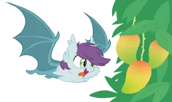 Size: 1524x908 | Tagged: safe, artist:equestria-prevails, derpibooru import, oc, oc:moon moon, unofficial characters only, bat, fruit bat, cute, eyes on the prize, flying, mango, open mouth, simple background, smiling, solo, species swap, spread wings, tongue out, transparent background