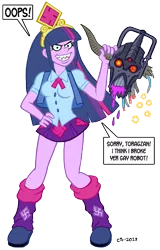 Size: 575x900 | Tagged: semi-grimdark, artist:curtsibling, derpibooru import, twilight sparkle, robot, equestria girls, breasts, clothes, death, decapitated, female, murder, severed head