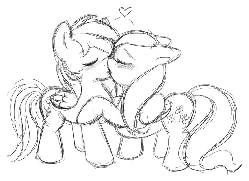 Size: 1280x932 | Tagged: safe, derpibooru import, fluttershy, rainbow dash, female, flutterdash, heart, kissing, lesbian, monochrome, shipping