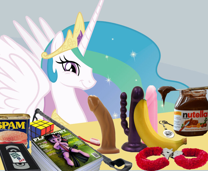 Size: 2200x1816 | Tagged: questionable, derpibooru import, princess celestia, twilight sparkle, alicorn, pony, unicorn, princess molestia, back door sluts 9, banana, banana fetish, butter knife, cuffs, dildo, everything is ruined, keychain, nutella, playboy, playbrony, playpony, porn, product placement, pure unfiltered evil, riding crop, rubik's cube, sex toy, smiling, spam, spread wings, toothbrush, trollestia, trollface, twiface, u mad, vibrator, wings