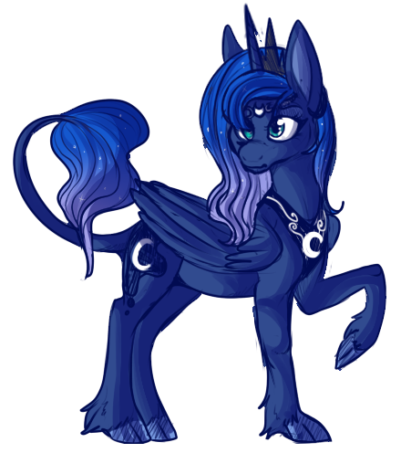 Size: 440x496 | Tagged: artist:lulubell, classical unicorn, cloven hooves, derpibooru import, leonine tail, princess luna, raised hoof, safe, simple background, solo, transparent background, unshorn fetlocks