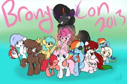 Size: 3000x2000 | Tagged: safe, artist:lightningnickel, derpibooru import, king sombra, pinkie pie, sunshower raindrops, oc, oc:fluffle puff, oc:frigid drift, oc:palette swap, ponified, chocolate pony, food pony, original species, pony, bronycon, bronycon 2013, doxy, food, hotblooded pinkie pie, pet-dash, pirate dash, tired pie, tumblr