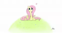 Size: 2000x1063 | Tagged: animal, artist:ncmares, butterfly, derpibooru import, fluttershy, grass, looking at something, looking up, safe, sitting, solo