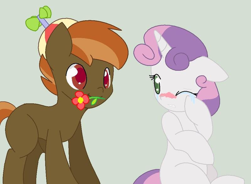 Size: 1039x762 | Tagged: artist:longtail448, blushing, button mash, crying, derpibooru import, female, flower, flower in mouth, male, mouth hold, safe, shipping, straight, sweetie belle, sweetiemash