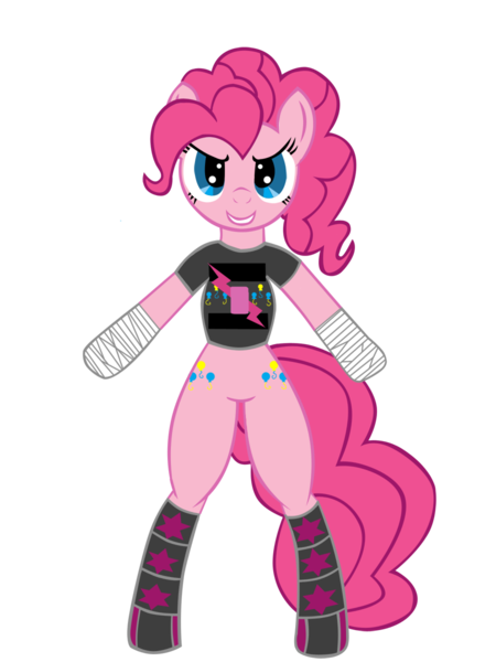 Size: 900x1200 | Tagged: safe, artist:vengeancemanifesto, derpibooru import, pinkie pie, earth pony, pony, bipedal, clothes, female, hand wraps, mare, parody, shirt, simple background, solo, transparent background, vector, wwe