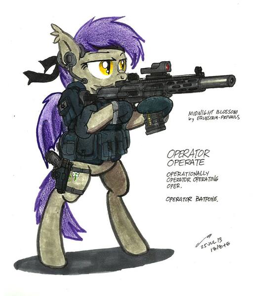 Size: 822x960 | Tagged: safe, artist:buckweiser, derpibooru import, oc, oc:midnight blossom, unofficial characters only, bat pony, pony, aac honey badger, bipedal, glare, gun, headband, headset, hoof hold, magpul, operator, pistol, ponies with guns, reflex sight, rifle, suppressor, tacticool, trijicon, weapon