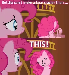 Size: 638x697 | Tagged: safe, derpibooru import, edit, edited screencap, screencap, pinkie pie, earth pony, pony, too many pinkie pies, betcha can't make a face crazier than this, clone, crazy face, duo, faic, female, image macro, le lenny face, mare, multeity, pinkie clone, text, too much pink energy is dangerous