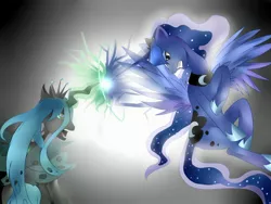 Size: 3000x2250 | Tagged: safe, artist:the0ne-u-lost, derpibooru import, princess luna, queen chrysalis, chrysaluna, chrysaluns, female, fight, image, jpeg, lesbian, lunalis, magic, shipping