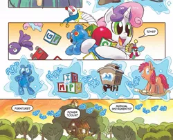 Size: 1057x858 | Tagged: apple bloom, clubhouse, crusaders clubhouse, cutie mark crusaders, derpibooru import, idw, imp the mimicker, mimicker, safe, scootaloo, spoiler:comicm07, sweetie belle, toy