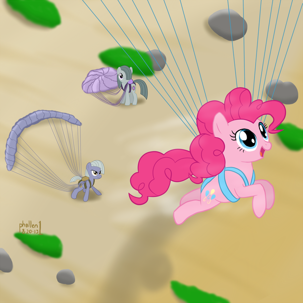 Size: 1200x1200 | Tagged: artist:phallen1, derpibooru import, flying, limestone pie, marble pie, paraglider, parasailing, pinkie pie, safe