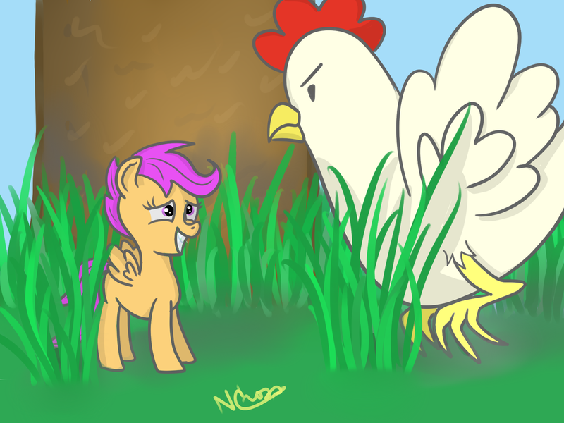 Size: 1600x1200 | Tagged: artist:cwossie, chicken, derpibooru import, miniature pony, safe, scootaloo