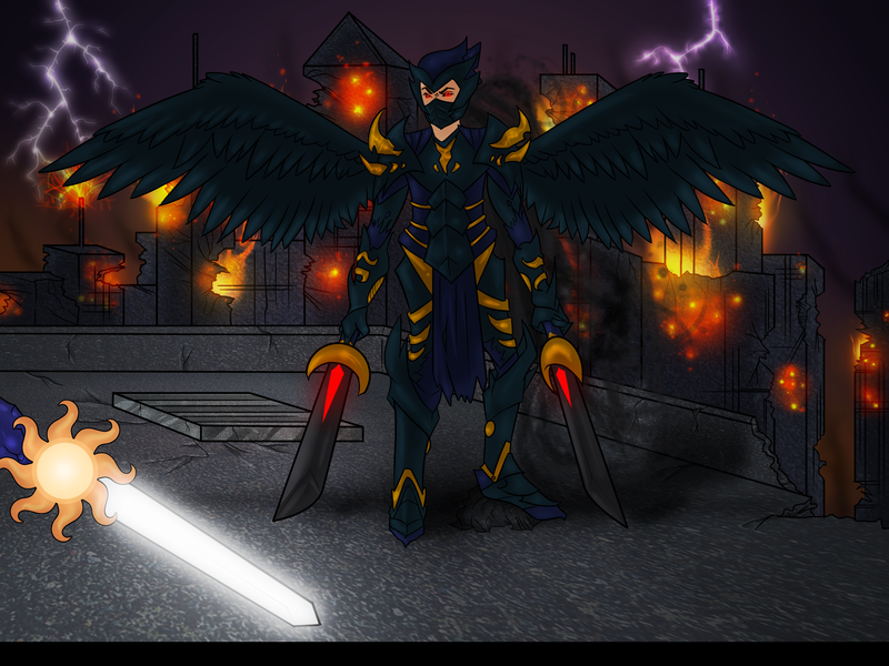 Size: 4000x3000 | Tagged: absurd resolution, antagonist, armor, artist needed, city, dark, derpibooru import, explosion, fanfic:the lost element, fire, glow, implied princess celestia, lightning, mane, manehattan, mask, nonbeing, oc, safe, scary, sword, unofficial characters only, warrior, weapon, wings