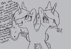 Size: 880x605 | Tagged: artist:nohooves, conjoined, conjoined twins, derpibooru import, dialogue, i dont even, monochrome, multiple heads, princess luna, safe, two heads, wat, we have become one